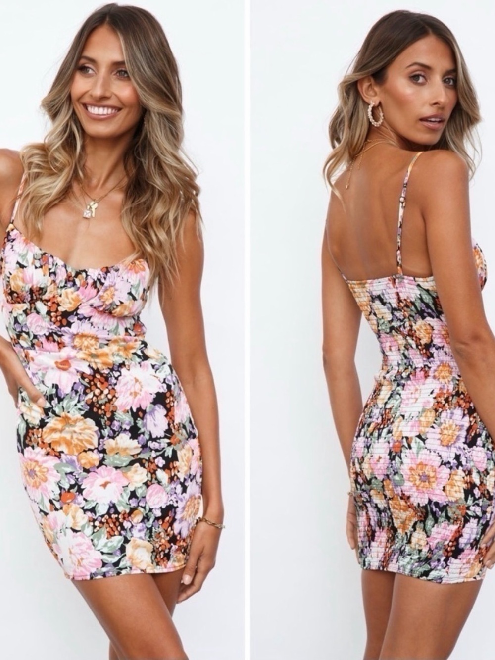 Hello Molly Black Floral Smocked Mini Dress with Pink & Peach Blooms